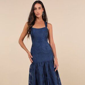 Lulus Opulent Aura Navy Floral Jacquard Tie-back Drop Waist Maxi Dress Blue